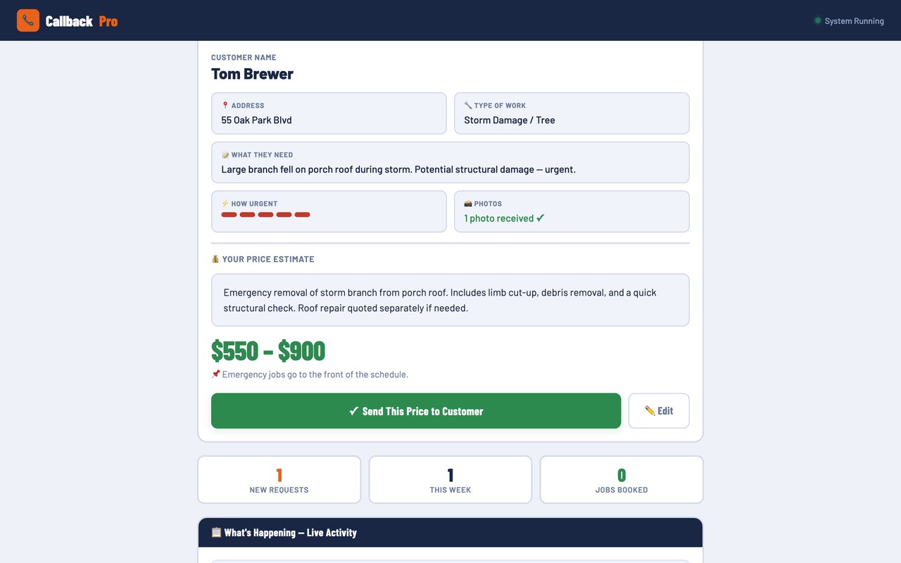 Screenshot of the CallBack Pro job request and price estimate screen