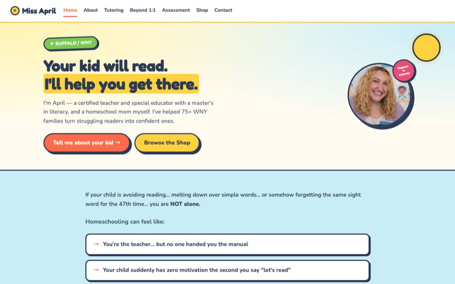 Screenshot of the Learning With Miss April homepage